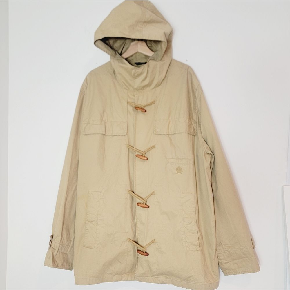 Vtg Tommy Hilfiger Toggle Jacket Beige Khaki Canvas Hooded Hood Coat Mens XXL